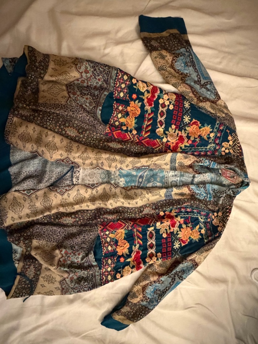 Johnny Was Boho Floral Embroidered Patchwork Kimono - Teal & Beige